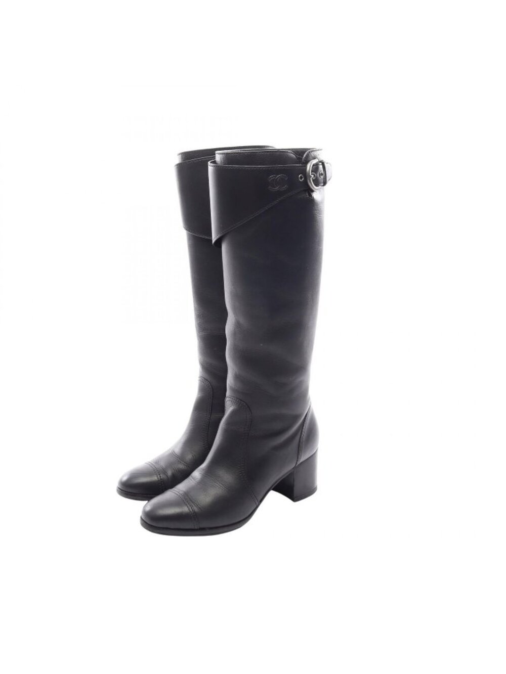 Chanel Boots CC Logo Long Black Leather